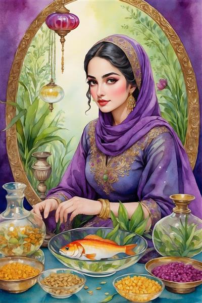 نقاشی آبرنگ نوروزی با تم بنفش و نمادهای ایرانی