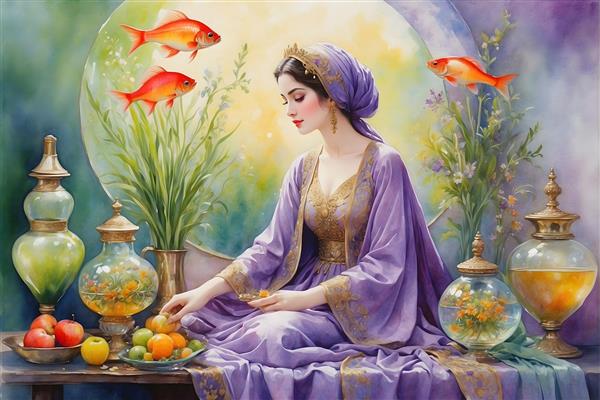 نقاشی آبرنگ از هفت سین و تنگ ماهی با حضور دختر ایرانی