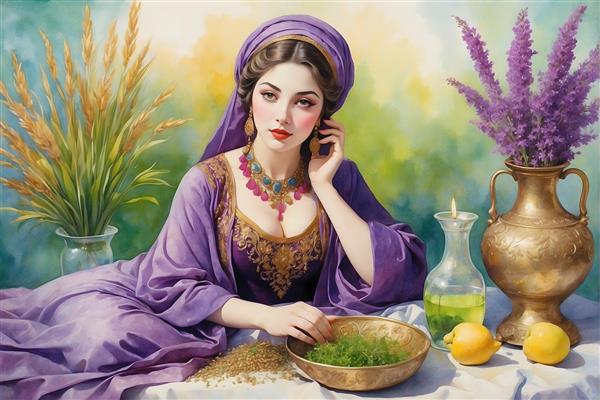 تبریک عید نوروز با نقاشی آبرنگی از دختر ایرانی و میوه های بهاری