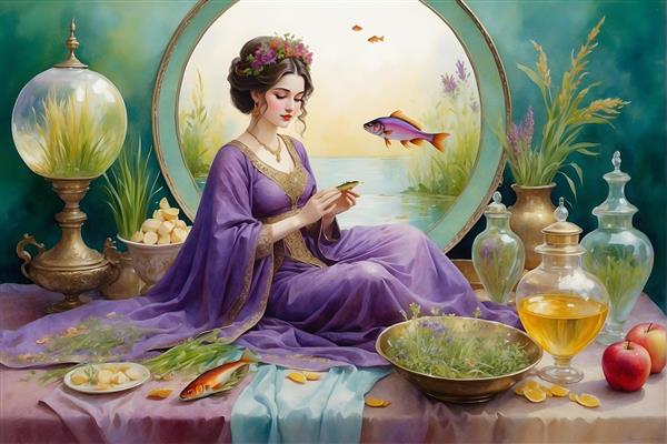 نقاشی آبرنگی از سنت های ایرانی در نوروز با دختر زیبا و ماهی قرمز