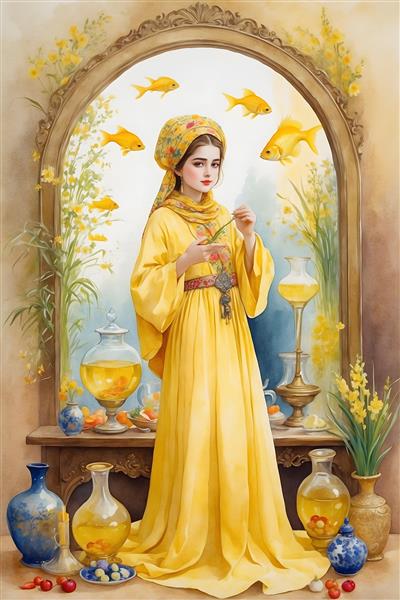 تبریک سال نو با نقاشی آبرنگ از دختر ایرانی با لباس محلی زرد و ماهی قرمز