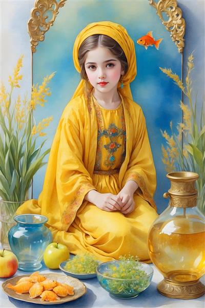 میوه های رنگارنگ سینی هفت سین در نقاشی آبرنگ از دختر ایرانی با لباس محلی زرد