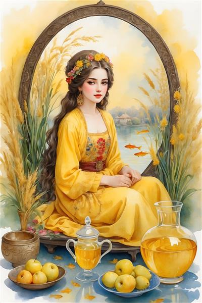 تنگ ماهی قرمز و سبزه عید در نقاشی آبرنگ از دختر ایرانی با لباس محلی زرد