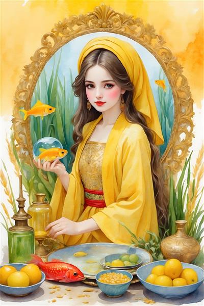 سنت های ایرانی در نقاشی آبرنگ از دختر جوان با لباس محلی زرد و سفره هفت سین