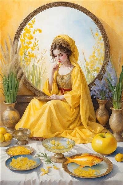 نقاشی آبرنگ چهره جذاب و ناز دختر ایرانی با لباس محلی زرد در حال چیدن سفره هفت سین
