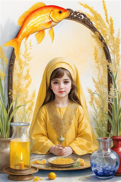 زیبایی بهار در نقاشی آبرنگ از دختر ایرانی با لباس محلی زرد و سفره هفت سین