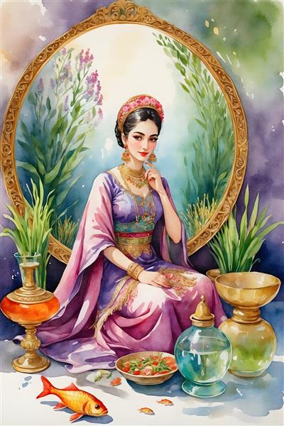 نقاشی آبرنگ از دختر ایرانی با موهای بلند و لباس سنتی در نوروز