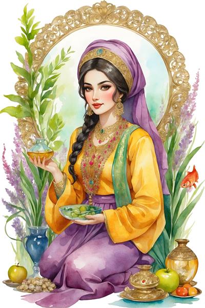نقاشی آبرنگی از چهره ی جذاب و ناز دختر ایرانی در کنار سفره هفت سین