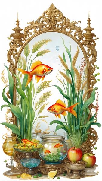 زیباترین نقاشی های نوروزی با تنگ ماهی و آیینه