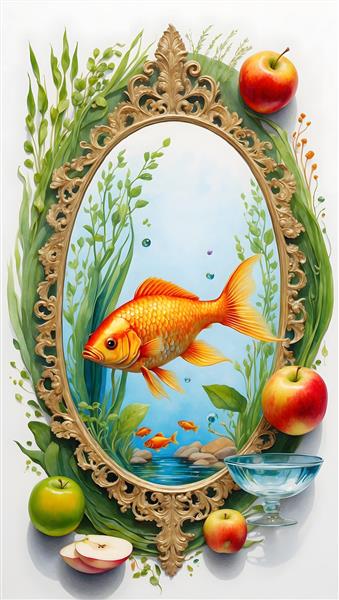 نقاشی دیجیتال نوروزی با نمادهای سنتی ایرانی و ماهی قرمز