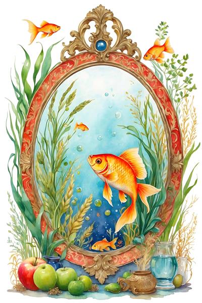 نقاشی دیجیتال نوروزی با ماهی قرمز، نماد خوش شانسی