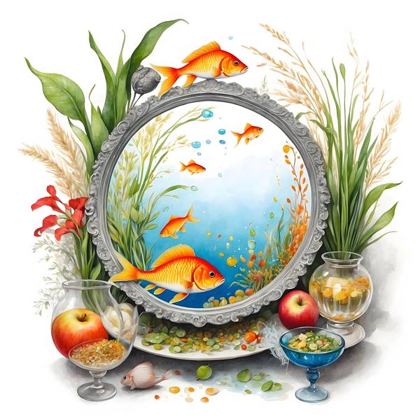 تصویرسازی دیجیتال سفره هفت سین ایرانی با نوروز و ماهی قرمز