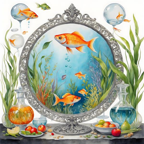 نقاشی دیجیتال نوروزی با تنگ ماهی و سیب، نماد عید ایرانی