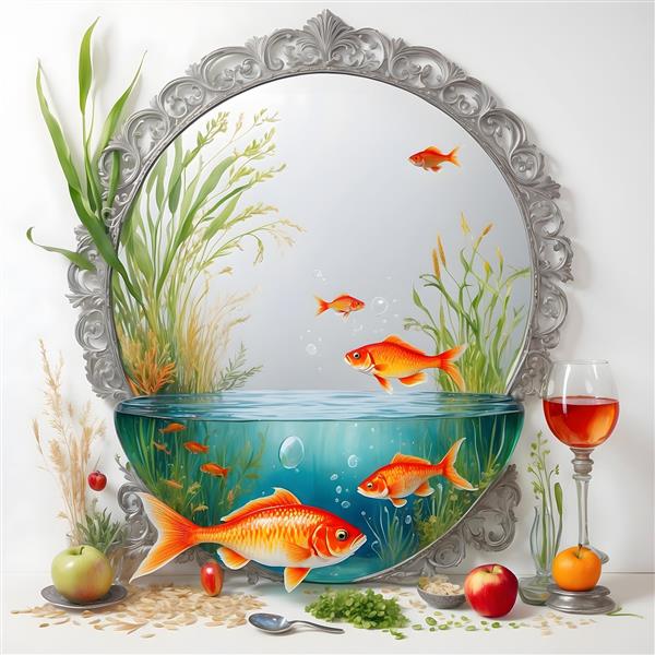 تصویرسازی دیجیتال سفره هفت سین ایرانی با نوروز و ماهی قرمز