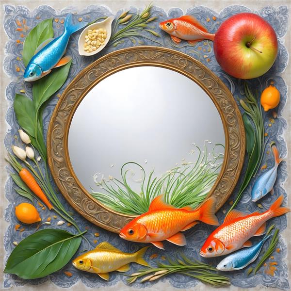 نقاشی دیجیتال نوروزی با ماهی قرمز و آیینه، نماد زیبایی و برکت