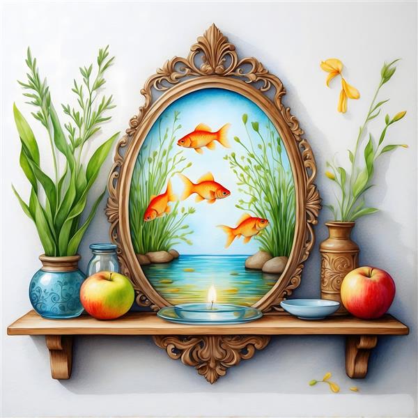 تصویرسازی آیینه و تنگ ماهی در سفره هفت سین، نمادی از روشنایی و برکت