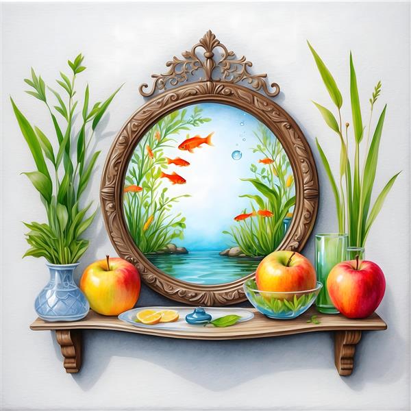 تصویرسازی دیجیتال سفره هفت سین نوروز با ماهی قرمز و سیب