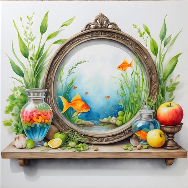 نقاشی دیجیتال نوروز ایرانی با آیینه و ماهی قرمز