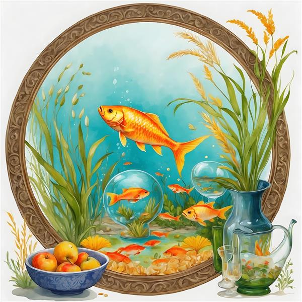 رسم و رسوم نوروزی ایرانی با ماهی قرمز و قاب آیینه