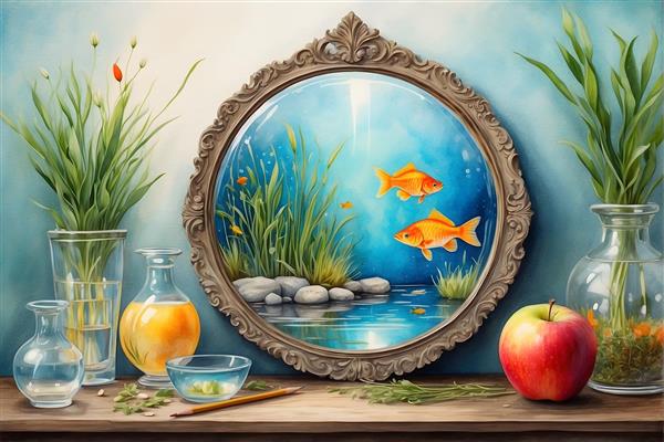 دکور هفت سین زیبا و خلاقانه با تنگ ماهی و قاب آیینه