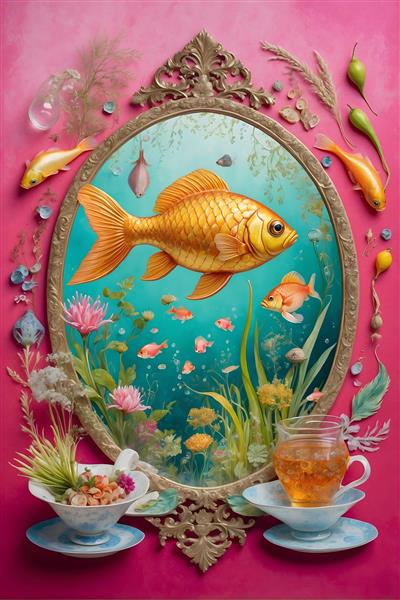 تصویرسازی دیجیتال سفره هفت سین نوروز با ماهی قرمز و سیب در قاب آیینه