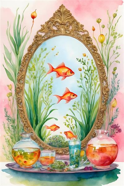 ماهی قرمز در تنگ بلوری، نمادی از نوروز در نقاشی دیجیتال