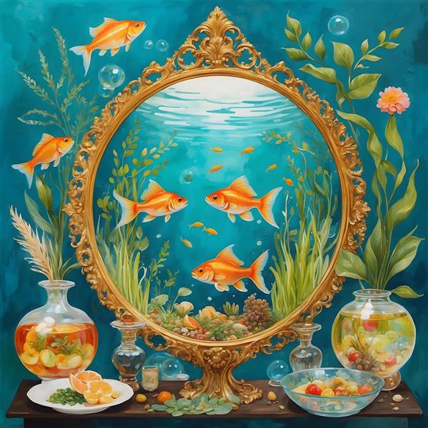 تصویرسازی دیجیتال سفره هفت سین با تنگ ماهی و آیینه در قاب فیروزه ای
