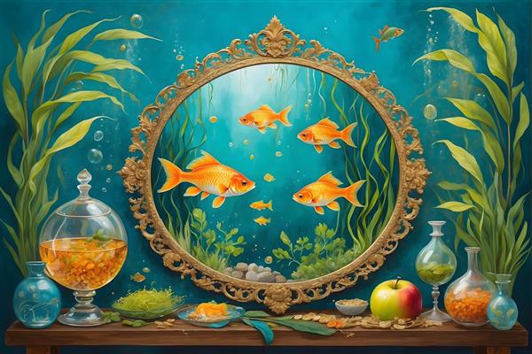 تصویرسازی دیجیتال سفره هفت سین با تنگ ماهی و آیینه در قاب فیروزه ای