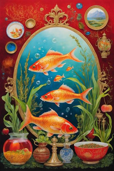 نقاشی دیجیتال نوروزی با چیدمان سنتی و آیینه در پس زمینه قرمز