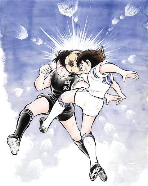 پوستر فوتبالیست ها سوباسا و کوجیرو با سر به توپ ضربه میزنند