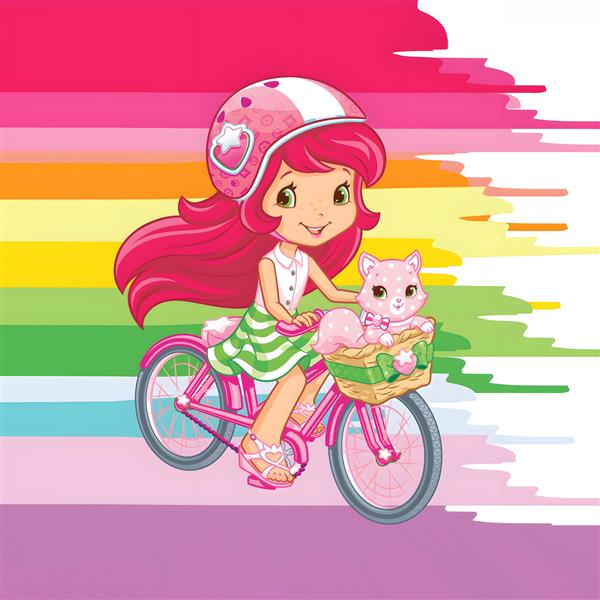 دختر توت فرنگی روی دوچرخه و رنگین کمان