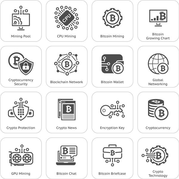 نمادهای ارزهای دیجیتال بلاک چین مجموعه علائم فناوری شبکه های کامپیوتری مدرن مجموعه نمادهای گرافیکی دیجیتال استخراج و امنیت بیت کوین عناصر طراحی مفهومی