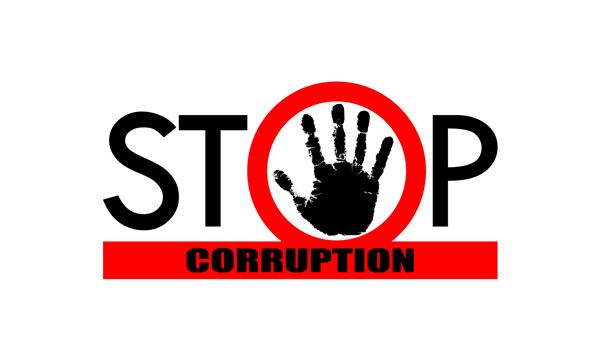 تابلوی گرافیکی توقف فساد دایره قرمز و خط قرمز با متن STOP CORRUPTION پوستر جدا شده در پس زمینه سفید تصویر وکتور