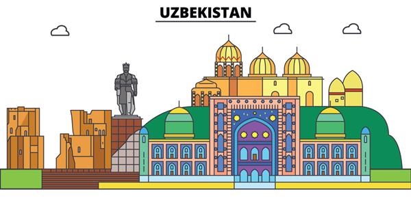 ازبکستان خط افق شهر معماری ساختمان ها خیابان ها شبح منظره پانوراما نقاط دیدنی ضربه های قابل ویرایش مفهوم تصویر وکتور خط طراحی مسطح آیکون های جدا شده