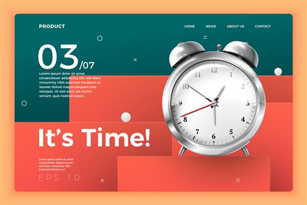 وکتور ساعت ساعت سه بعدی واقع گرایانه جدا شده بر روی الگوی سایت مدرن روشن با پس زمینه تایپوگرافی ماکت برای برندینگ بسته محصول