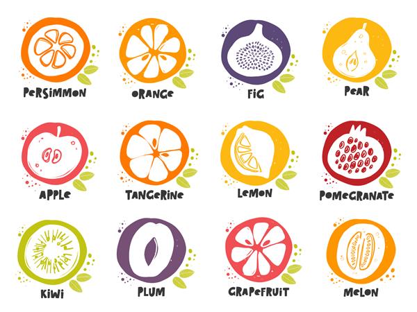 مجموعه آیکون های میوه اپل لیمو نارنجی خرمالو گلابی تصویر وکتور با دست کشیده شده با جوهر قابل استفاده برای کافه منو فروشگاه بار رستوران پوستر برچسب آرم مفهوم رژیم غذایی سم زدایی بازار کشاورزان