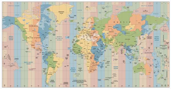 نقشه جهان با مناطق زمانی استاندارد تصویر وکتور