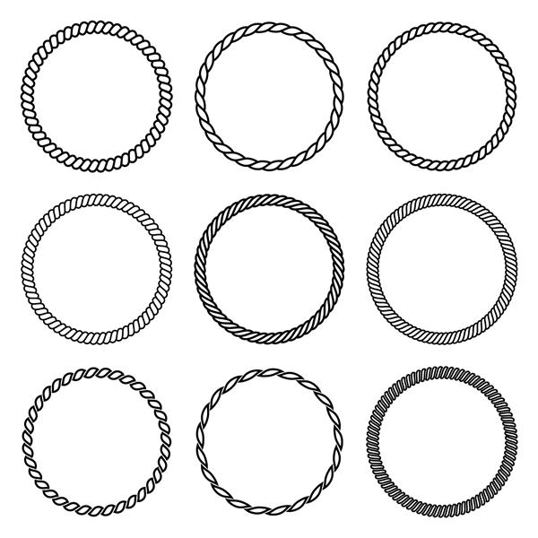 مجموعه وکتور قاب طناب گرد مجموعه ای از دایره های ضخیم و نازک جدا شده در زمینه سفید متشکل از بند و ریسمان بافته شده برای دکوراسیون و طراحی به سبک دریایی