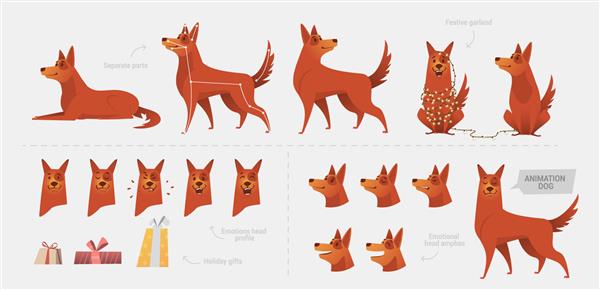 مجموعه ای برای ایجاد یک انیمیشن سگ از احساسات حالت های مختلف بدن به طور جداگانه پنجه پوزه دم نمای جلو نمای جانبی عناصری برای انیمیشن شخصیت سگ