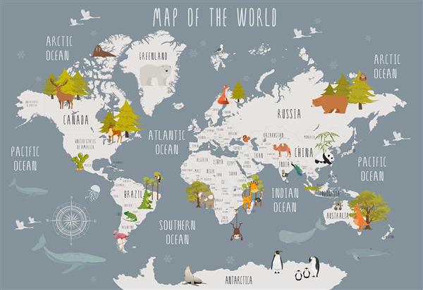 پوستر نقشه جهان با حیوانات جذاب برای دیوار اتاق کودک