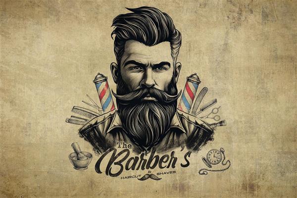 طرح پوستر دیواری آرایشگاه مردانه تم پتینه و vintage همراه با باربر با ریش مرتب و نوشته barber