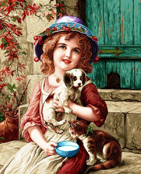 تابلو فرش دختر با توله سگ و بچه گربه