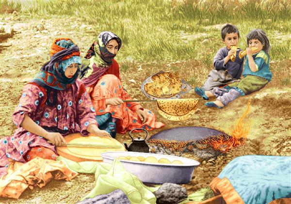 تابلو فرش زنان و کودکان در حال پخت نان