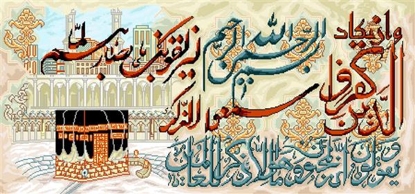 تابلو فرش مذهبی آیه و ان یکاد با تصویر ظریف کعبه و طراحی سنتی با حاشیه باریک