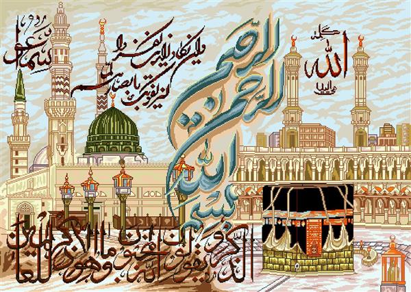 تابلو فرش مذهبی طراحی سنتی از کعبه و مسجدالنبی با خوشنویسی