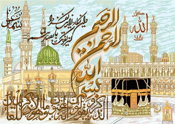 تابلو فرش مذهبی معماری مسجدالحرام و مسجدالنبی با آیات و ان یکاد