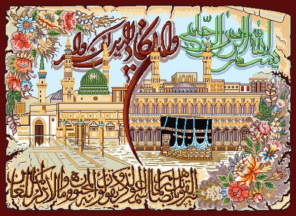 تابلو فرش مذهبی مسجدالحرام و مسجدالنبی در یک قاب گلدار