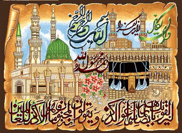 تابلو فرش مذهبی نمایی از مسجدالنبی و کعبه با خط ثلث