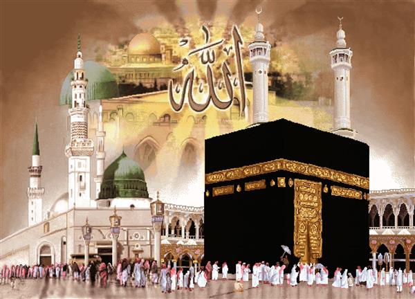 تابلو فرش کعبه و مسجد النبی با نور طلایی