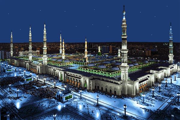 تابلو فرش مسجد النبی در شب با نورپردازی